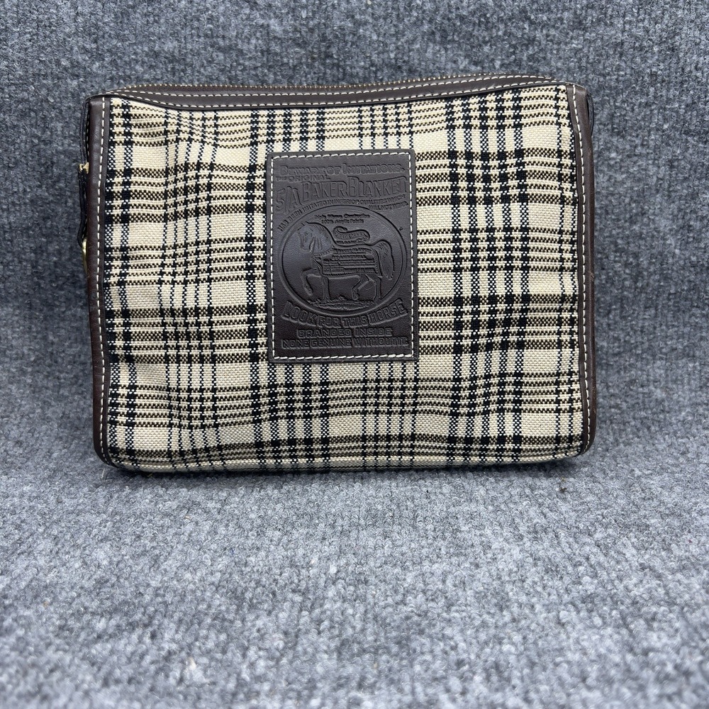 5/A Baker Blanket Cosmetic Toiletry Bag Brown Leather Wool Plaid - Picture 2 of 14